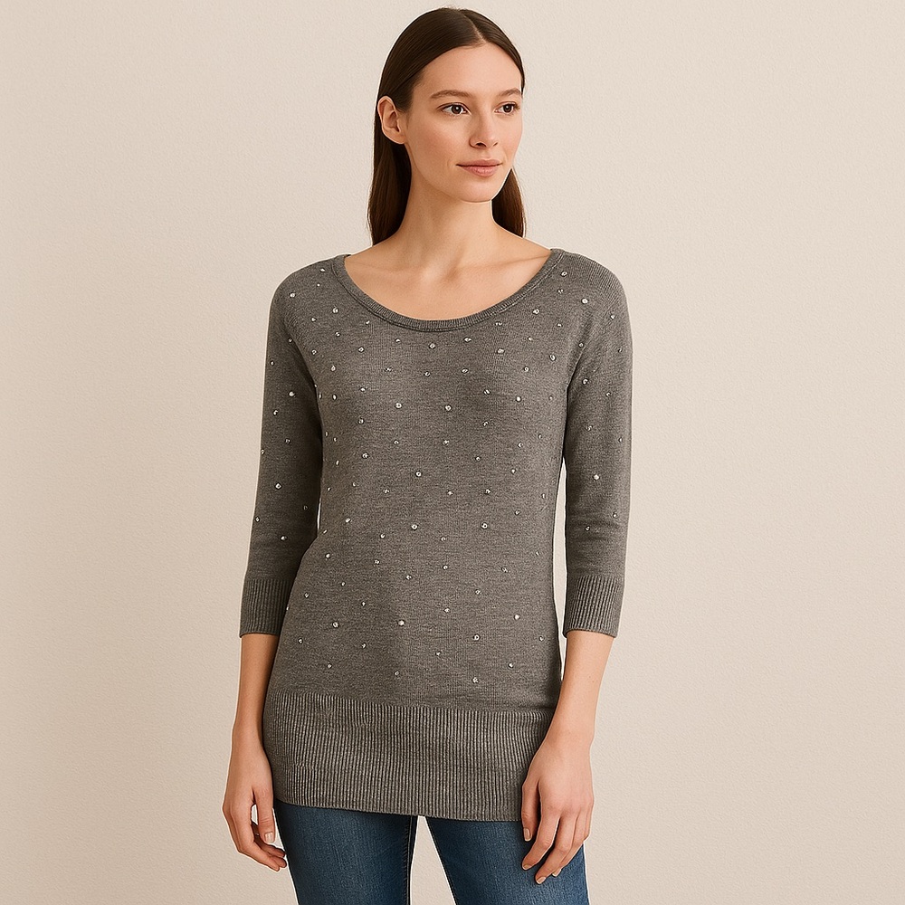 White House Black Market Gray Embellished Sweater Tunic Small Studded Cozy Knit